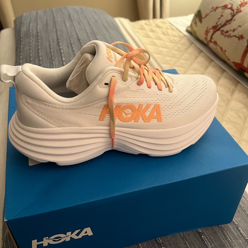 Hoka One One White and Peach Running Shoes